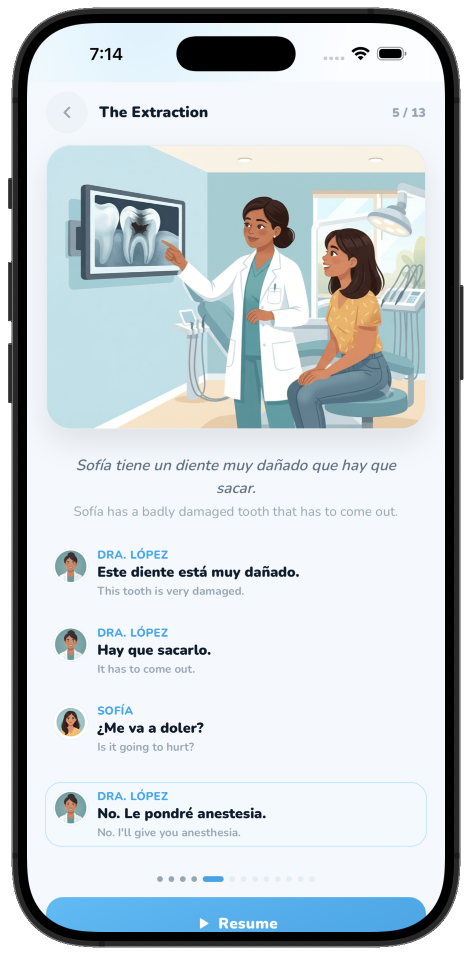 DentaLingo on an iPhone showing a dental Spanish lesson